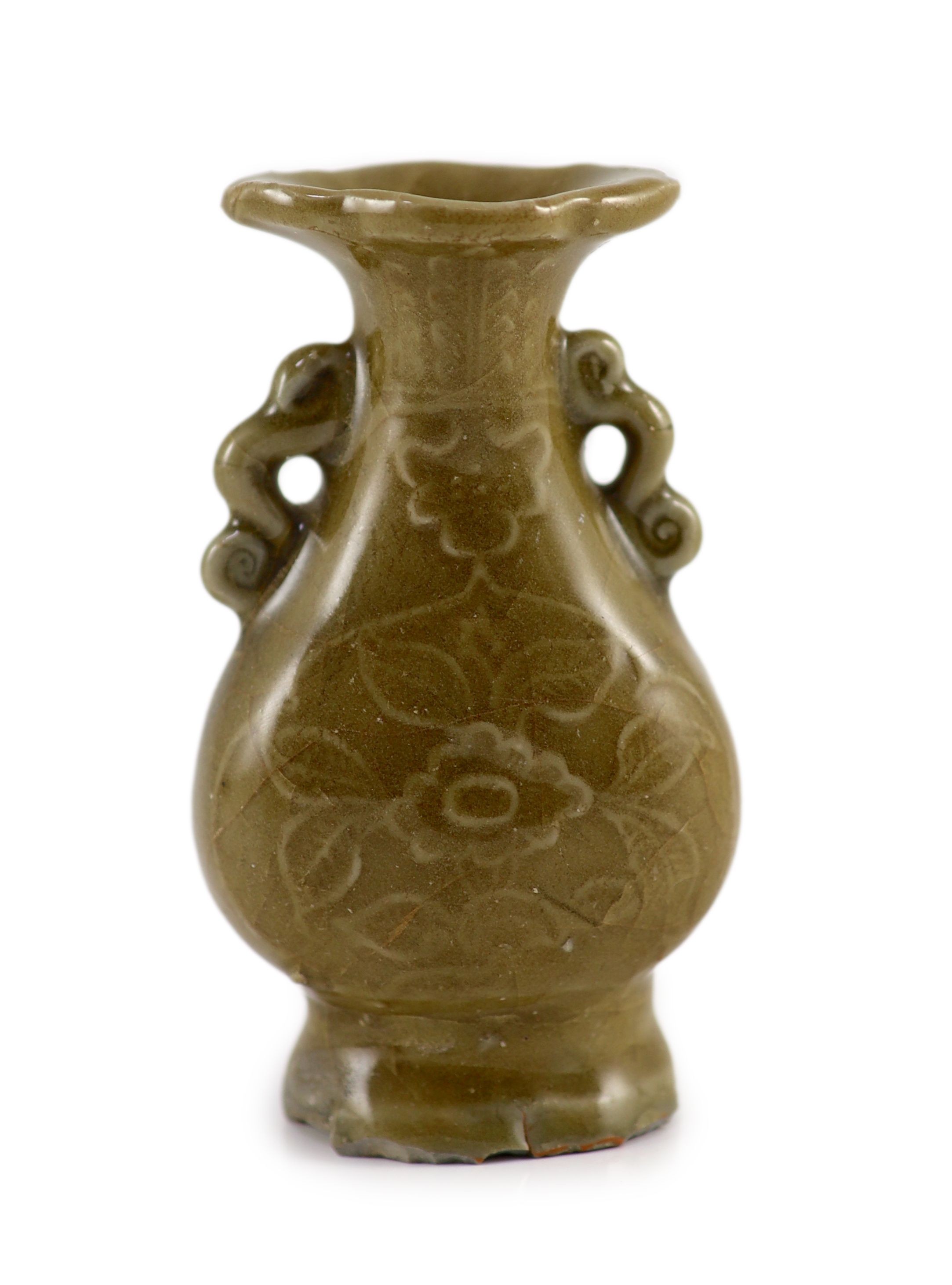 A small Chinese Longquan celadon two handled vase, Ming dynasty, 15th century, 11.5cm high